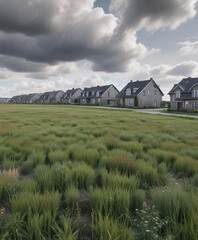 A serene scene of a field with a few modern houses and a clear gray cloudy sky above, sky, rural, architecture