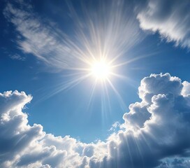 A solitary ray of sunlight pierces through a layer of thin clouds in the clear blue sky, ray of sunlight, photonic phenomena , luminosity