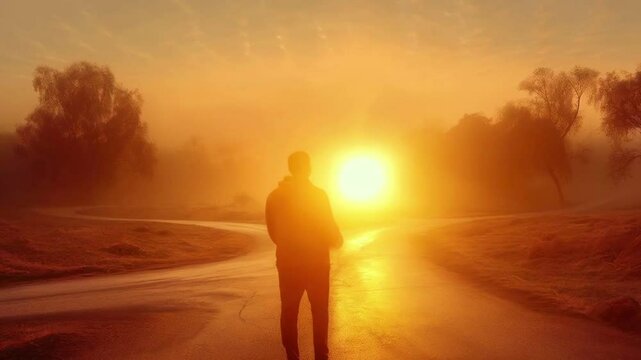 Silhouette of a person at a crossroads receiving a shining sign to illuminate their path.