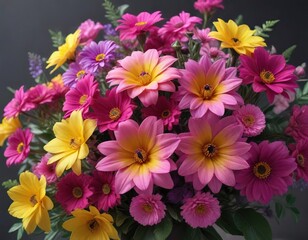 Obraz premium A stunning bouquet featuring a variety of bright pink, yellow, and purple blooms , colorful, violet