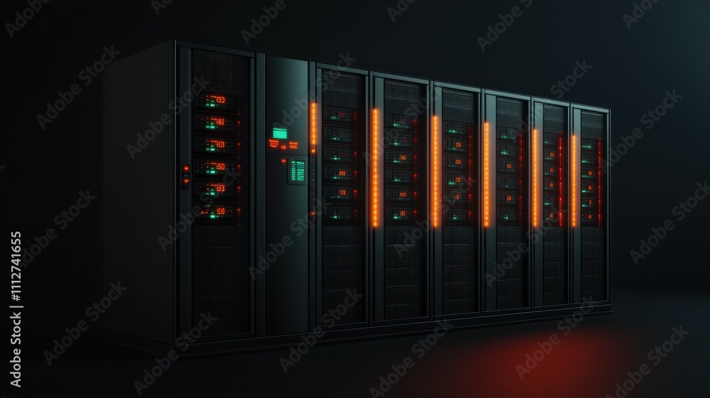 Poster futuristic data center server rack with illuminated panels, high-tech storage, modern server technol