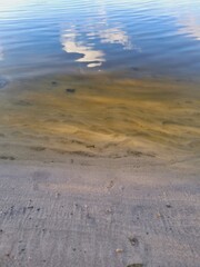sandy beach, clear water, ripples