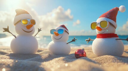 Obraz premium Sandy snowmen enjoying a sunny beach with festive accessories