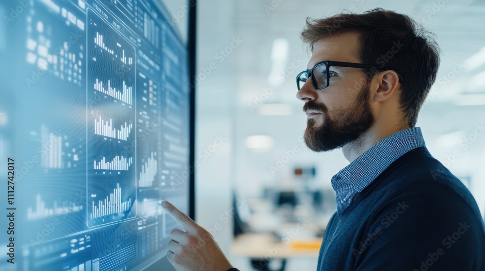 Aufkleber focused business analyst interacting with modern touchscreen interface in a bright office space surr