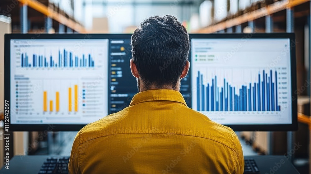 Poster professional looking man analyzing data on large computer monitors in a warehouse environment, focus