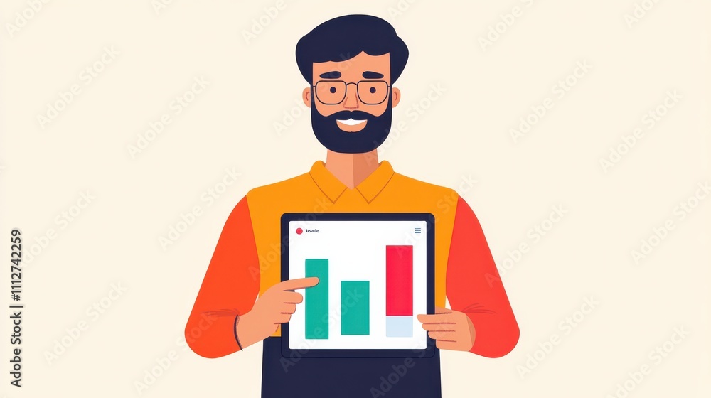 Poster professional man presenting data analytics on a digital tablet with colorful graphs and charts, show