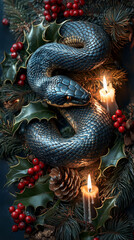 Obraz premium Postcards Festive and mystical scene with a coiled blue snake around a christmas wreath decorated with holly, berries, pine cones, and lit candles