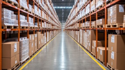 Fototapeta premium A Modern Warehouse Interior with Neatly Stacked Cardboard Boxes on Shelving Units, Showcasing a Spacious Aisle and Efficient Storage Solutions for Businesses