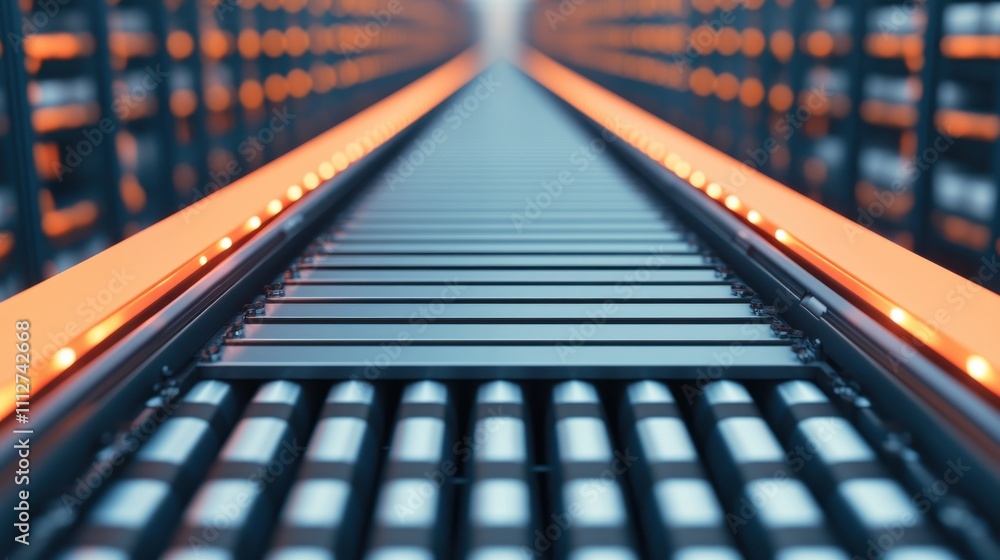 Aufkleber close-up view of an automated conveyor system in a warehouse with illuminated edges and a perspectiv