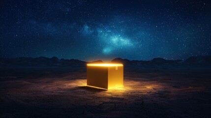 A glowing cardboard box placed in the middle of an endless desert, its radiant beams cutting through the night sky, symbolizing hope and discovery