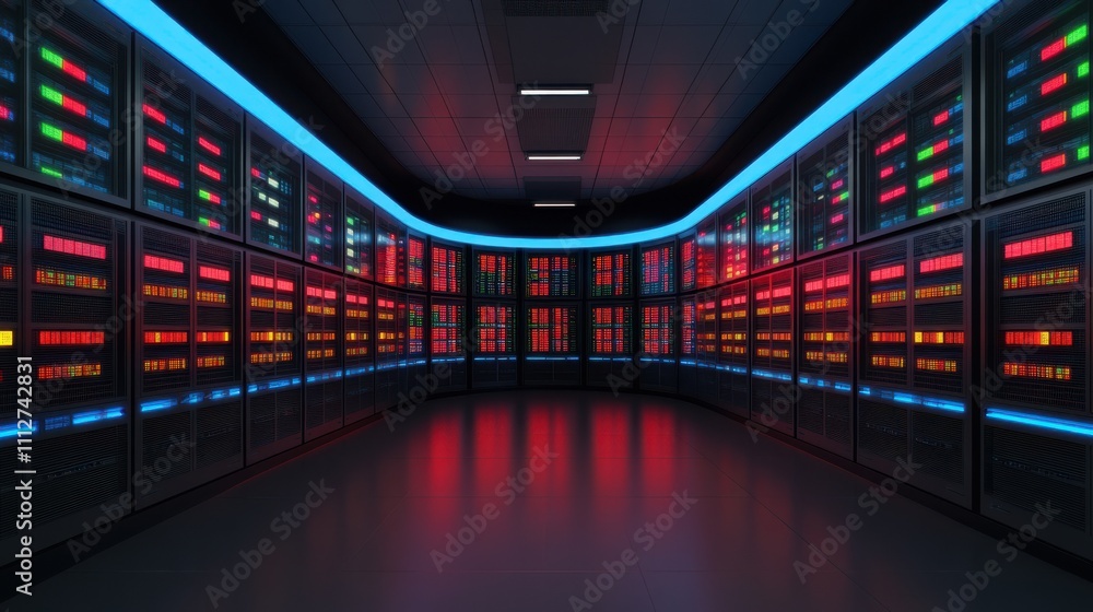 Poster futuristic data center interior with colorful led displays and server racks, featuring advanced tech