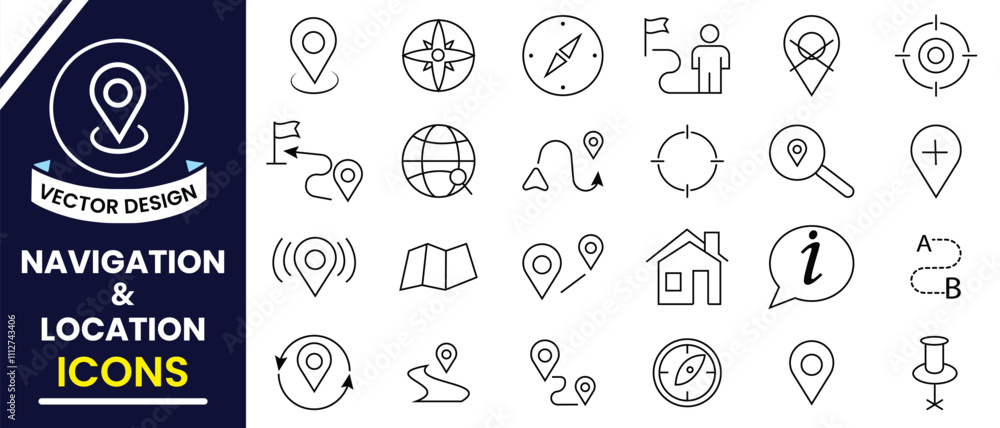 Poster location and navigation line icon set. map location icon set, navigation icon, destination, directio