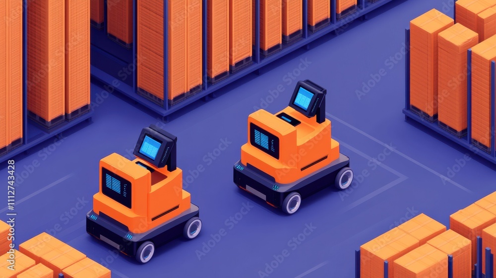 Poster futuristic warehouse automation scene with two robotic carts navigating among stacked storage contai