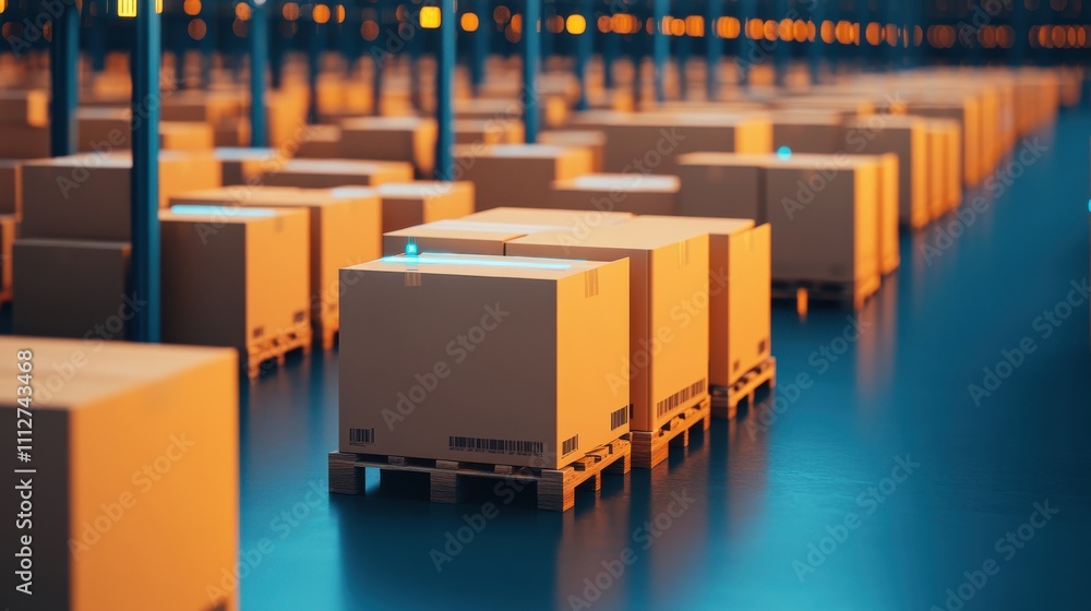 Poster modern warehouse storage system with stacked shipping boxes illuminated by soft ambient lighting in 