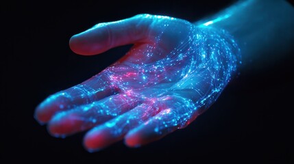 Close-up of a leader's hand shaking a holographic hand, representing the merging of human leadership with AI technology in business innovation