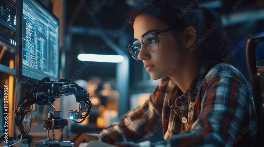 Poster computer science development engineer working on robotic arm connection at futuristic electronic tec