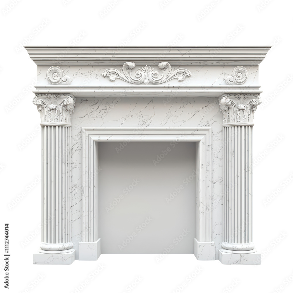 Poster elegant marble fireplace with intricate detailing and classic columns isolated on transparent backgr