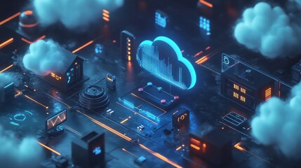 Fototapeta premium Connected Smart Home Devices and Cloud Computing Concept with Informative Digital Render