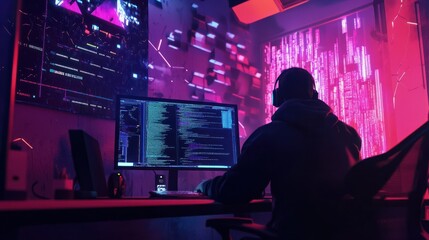Cybersecurity concept iot attacks on foreground screen, hacker silhouette hidden with low poly style mask. Vulnerability and attack on colored code editor. Text in English, English text