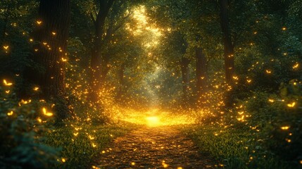 Magical forest path glowing with fireflies at sunset.