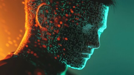 Cybersecurity concept iot attacks on foreground screen, hacker silhouette hidden with low poly style mask. Vulnerability and attack on colored code editor. Text in English, English text