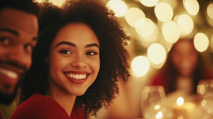 Fototapeta premium Joyful Friends Gathering at Festive Christmas Dinner Table with Warm Lights and Smiling Faces Celebrating Togetherness