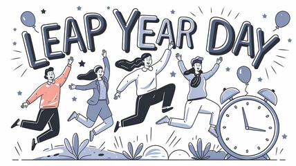 Fototapeta premium Leap Year Day lettering greeting cartoon poster with happy people jumping in the air, balloons&nbsp;and clock on white background, generative ai