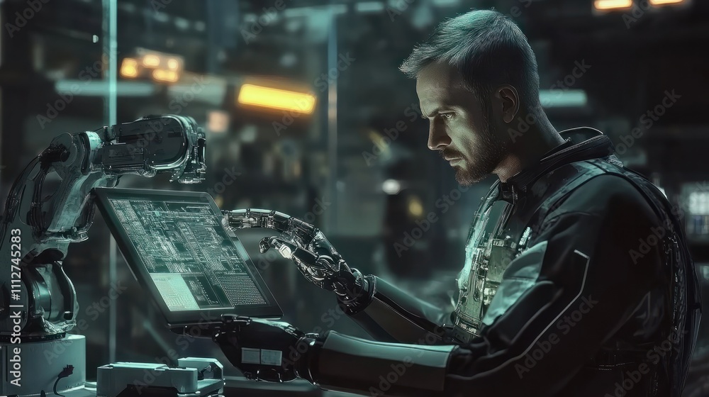 Poster engineer operating robotic arm with digital tablet in futuristic smart factory