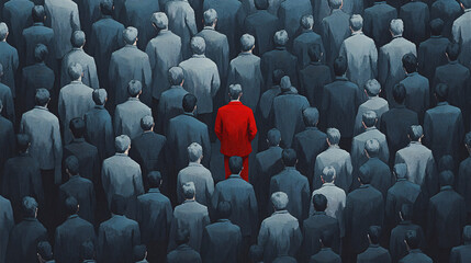 Obraz premium Artistic Depiction of a Crowd in Muted Tones Featuring a Single Individual in Vivid Red, Highlighting Themes of Individuality and Social Identity