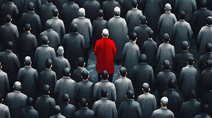 Artistic Depiction of a Crowd in Muted Tones Featuring a Single Individual in Vivid Red, Highlighting Themes of Individuality and Social Identity