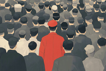 Artistic Depiction of a Crowd in Muted Tones Featuring a Single Individual in Vivid Red, Highlighting Themes of Individuality and Social Identity