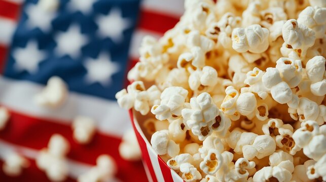 Freshly popped popcorn spilling from a box against a vibrant American flag background. - Powered by Adobe