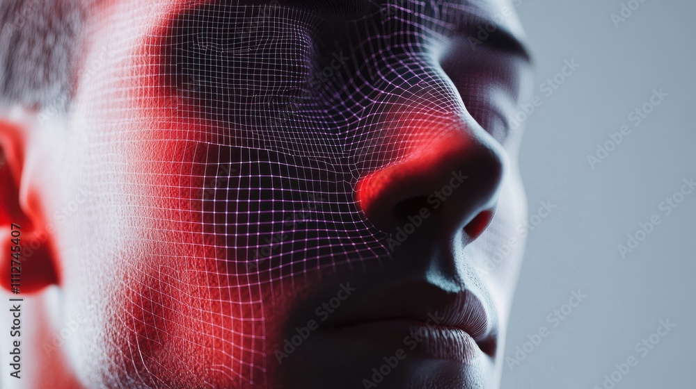 Poster facial recognition system man with digital biometric grid and personal data on grey background : gen