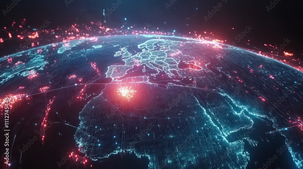 Poster futuristic global network visualization with glowing nodes and connections, representing digital tra