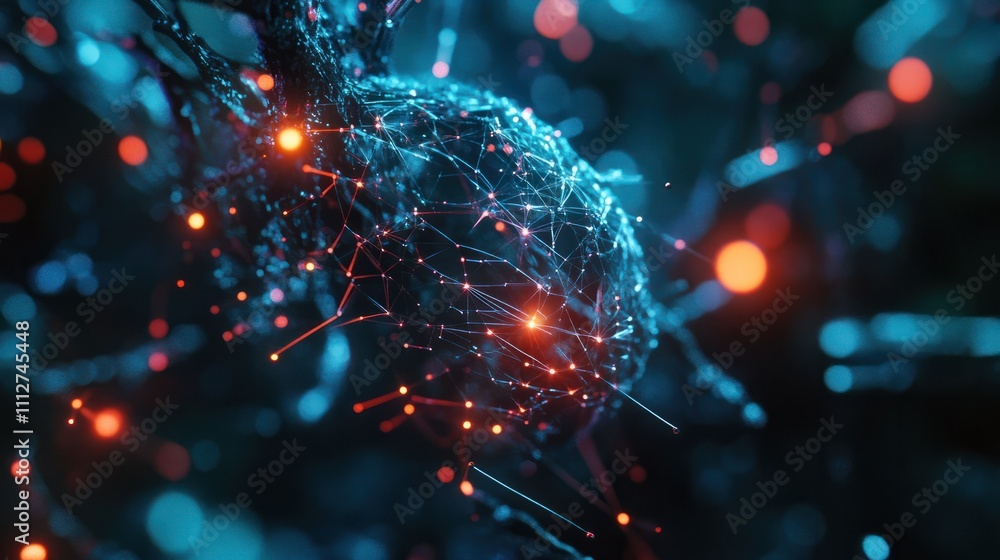 Poster futuristic global network visualization with glowing nodes and connections, representing digital tra