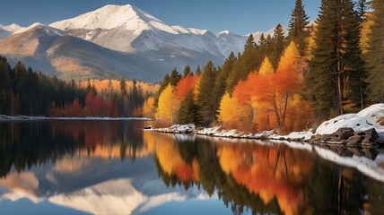 Obraz premium Serene autumnal lake reflecting snow-capped mountains with vibrant fall foliage.