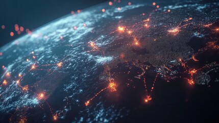 Futuristic global network visualization with glowing nodes and connections, representing digital transformation and worldwide data exchange.