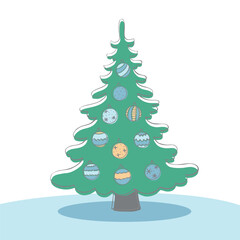 Vector color Christmas tree decorated with xmas balls, toys, decorations. Decoration element, clip art for New year, Xmas
