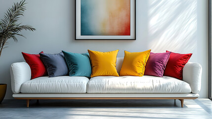 White sofa and art poster in modern Scandinavian home
