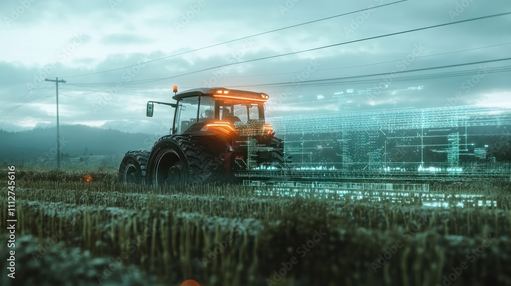 Poster futuristic smart farming concept with a tractor in a field overlaid with digital graphics and glowin