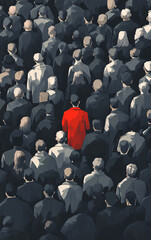 Artistic Depiction of a Crowd in Muted Tones Featuring a Single Individual in Vivid Red, Highlighting Themes of Individuality and Social Identity