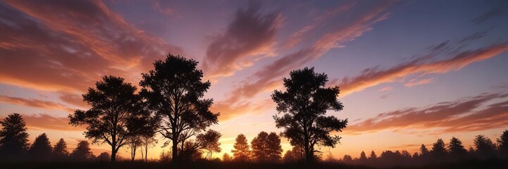 Fototapeta premium Dramatic sunrise over a vast expanse of blue and orange hue sky with silhouetted trees, silhouetted trees,