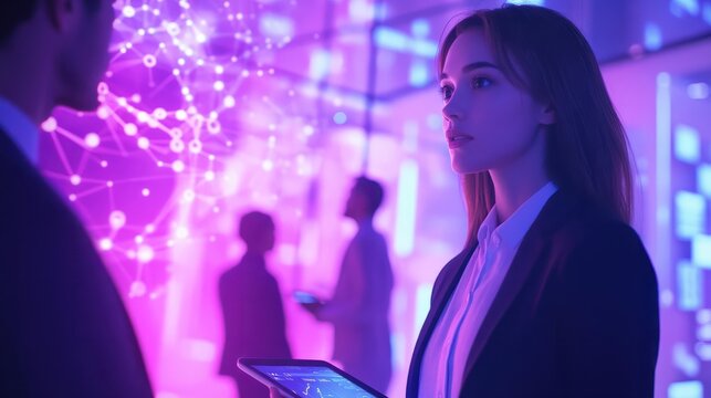 Futuristic, tablet working overlay and business people with a tech screen hologram looking at digital data. Future technology, iot and cloud computing of employee group planning a ux office strategy