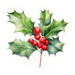 Holly berry icon leaves and berries mistletoe Symbol of Christmas. Holly's watercolor branch isolated on a white background
