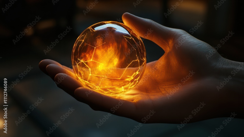 Poster hand holding a glowing ai sphere symbolizing the power and potential of artificial intelligence.