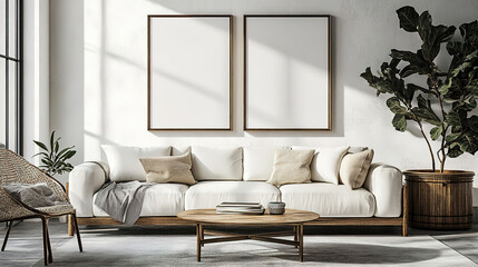 Elegant Japanese Home Living Room with Rustic Cabinets and Blank Art Frames
