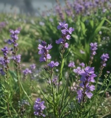 Naklejka premium Flax stalks swaying in the wind with delicate green leaves and purple flowers, natural scene, flax