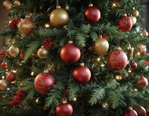 Obraz premium Foliage and ornaments adorning the Christmas tree, foliage, garlands, foliage