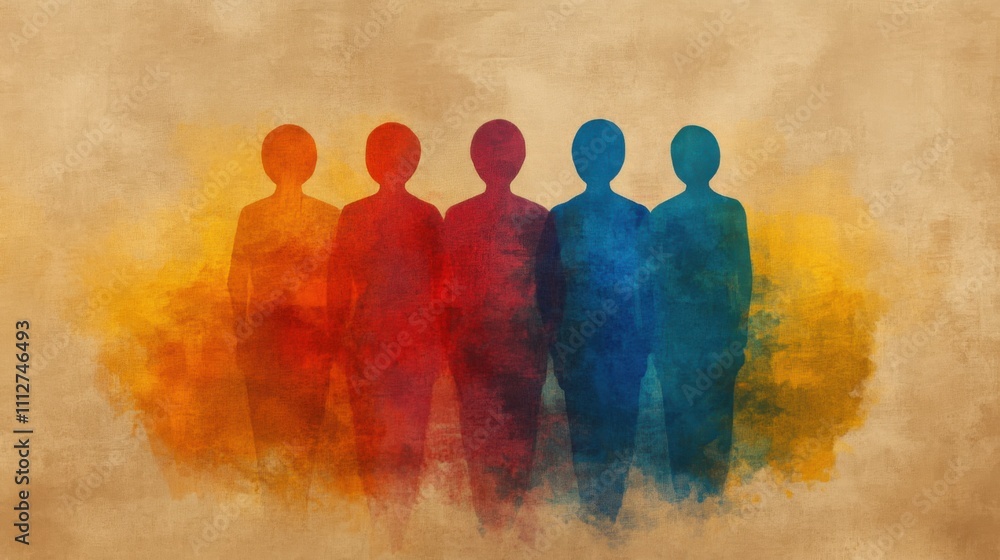 Poster abstract representation of diversity with silhouettes in striking colors against textured background