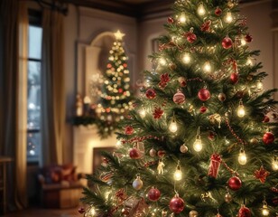 Glittering lights and decorations adorning a Christmas tree, ornaments, decorative accents